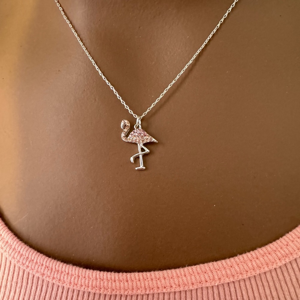 NWOT flamingo silver necklace with pink rhinestones- size 15”